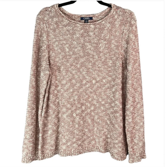 CHAPS Pink and White Slub Knit Sweater Soft Cotton Blend Coastal Size L - Picture 2 of 11